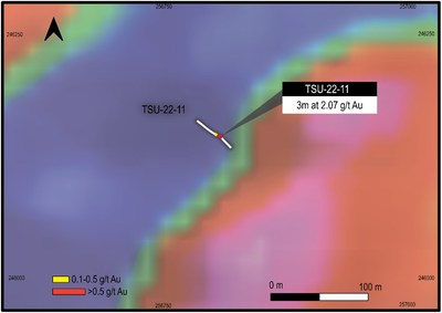 Figure 4: Success Target area trenches, trenches with gold intercepts overlain on first derivative heli-magnetic data, Marudi Project. (CNW Group/Golden Shield Resources)