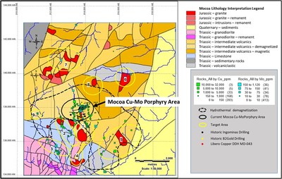 Figure 1: Geological interpretation, Jurassic intrusions (porphyries), de-magnetized zone, rock sample geochemistry Cu-Mo, target areas (CNW Group/Libero Copper & Gold Corporation.)