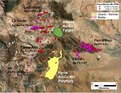 Figure 3. Distribution of mineralized zones at El Fierro Project highlighting Ag rich vein zones as well as two magmatic centres corresponding to the Cu-Au-Mo Pyros porphyry target and the Au-Cu Antena target. (CNW Group/Sable Resources Ltd.)