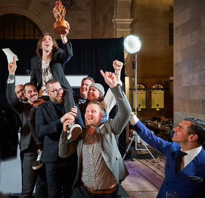 Massimo Zitti is hoisted up in a congratulatory cheer as he announced the winner of the title of Diageo World Class Bartender of the Year 2022 last night in Montreal. (CNW Group/Diageo)