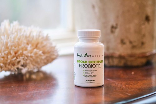 Nativus Health Broad Spectrum Probiotic Supplement Bottle - Broad Spectrum Probiotic is a health supplement for men and women of all ages. It contains 18 probiotic strains and is vegetarian/vegan-friendly.