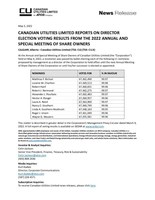 CANADIAN UTILITIES LIMITED REPORTS ON DIRECTOR ELECTION VOTING RESULTS FROM THE 2022 ANNUAL AND SPECIAL MEETING OF SHARE OWNERS