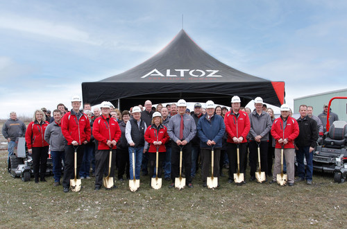 Altoz broke ground on Monday, May 2 on the 75,000 square foot expansion of their facility in Red Lake Falls, MN. Shovel holders (L to R): Matt Schaumburg, Production Manager; Mike Hugg, Director of Operations; John Burkel, MN State Representative; Terri Brazier, Owner; Dennis Brazier, Owner;  Allen Bertilrud, Red Lake Falls Mayor; Eric Etherington, Finance Manager; Bruce Gagner, Shop Supervisor; Karl Bjorkman, Sales and Marketing Director
