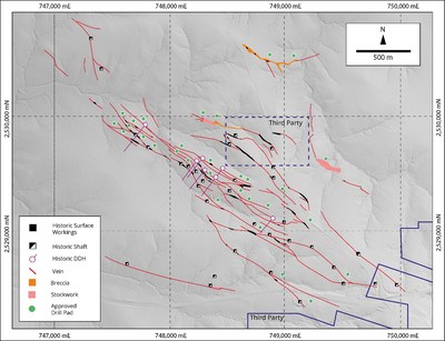 Figure 1.  El Cristo Vein System. Areas of veins shown in black represent surface workings and are priority locations to test near surface mineralization. Permitted drill pads are shown in green. (CNW Group/Zacatecas Silver Corp.)