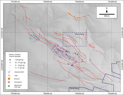 Figure 2.  El Cristo Vein System – Historical Trench Sampling Results. (CNW Group/Zacatecas Silver Corp.)