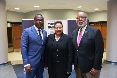 Jackson State University President Thomas K. Hudson, Tougaloo College President Carmen Walters and U.S. Representative Bennie Thompson gather at JSU where the congressman announced gifts totaling $4 million for the institutions.