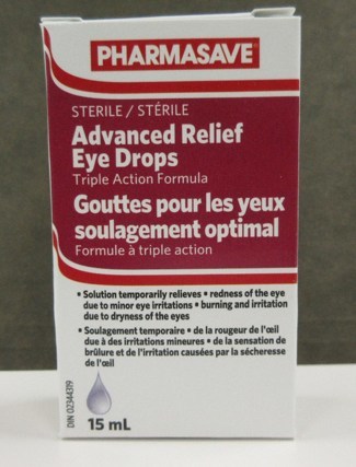 Gouttes pour les yeux soulagement optimal Pharmasave, 15 ml (boîte) (Groupe CNW/Santé Canada)