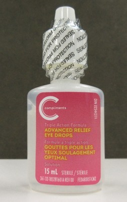 Gouttes pour les yeux soulagement optimal Compliments, 15 ml (bouteille) (Groupe CNW/Santé Canada)