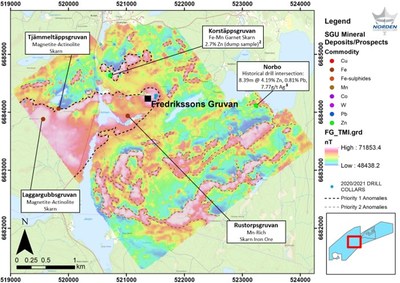 Figure 1. Fredrikssons Gruvan Total Magnetic Intensity (TMI) image with surrounding mineral deposits and prospects. (CNW Group/Norden Crown Metals Corp.)