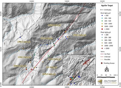 Map 1. The Aguilar vein can be traced for 1,000 metres in outcrop and float (CNW Group/Outcrop Silver & Gold Corporation)