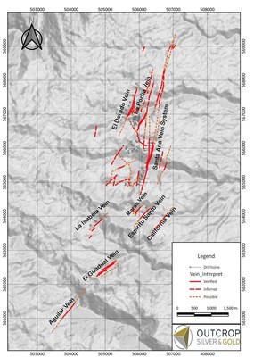 Map 2. Twelve kilometres of mapped vein zones at Santa Ana permitted for drilling. (CNW Group/Outcrop Silver & Gold Corporation)