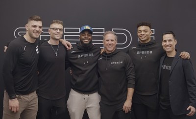Chicago Bears players Cole Kmet, Jaylon Johnson, and Justin Fields with Speede co- founders Dan Mooney and Greg Tepas, and director of partnerships Chris Minor.