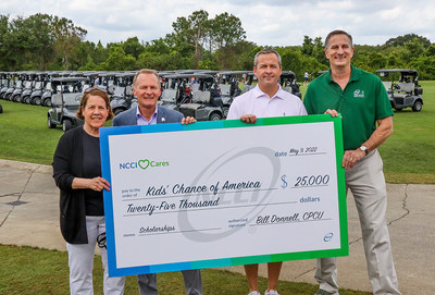 Shown here left to right: Vicki Burkhart, Executive Director, Kids’ Chance of America Kevin Turner, Chief Growth Officer, Paradigm, David Tucker, Executive Vice President, Guy Carpenter, Mark Mileusnic, Chief Customer Operations Officer, NCCI at the tournament on May 9 at the Ritz-Carlton Golf Club, Grande Lakes in Orlando, FL.