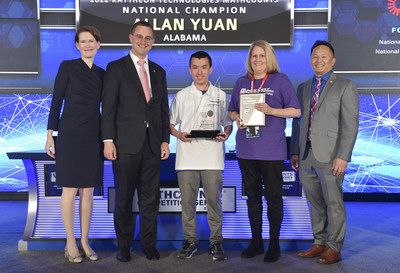 Allan Yuan wins the 2022 Raytheon Technologies MATHCOUNTS National Competition. From left: Emily Glendinning (Chair, MATHCOUNTS Board of Directors), Tracey Gray (Vice President of Communications and External Affairs, Raytheon Intelligence & Space), Allan Yuan (National Champion), Laura Morrison (Allan's Coach), Louie Lopez (Director, DoD STEM).