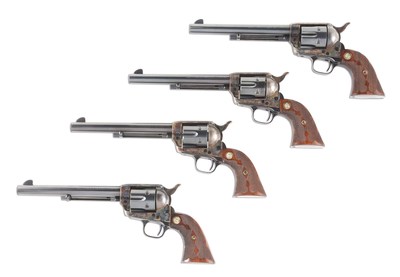 Set of four near-mint Colt single-action Army 'Frontier Six Shooter' .44-40-WCF Revolvers, all from same 1923 shipment of four. Known as 'Family Reunion' guns, referring to title of 1976 'Arms Gazette' article co-authored by Ron Graham and Mel Guy. Accompanying documents include two Colt letters. Provenance: Mel Guy collection. Estimate $60,000-$100,000