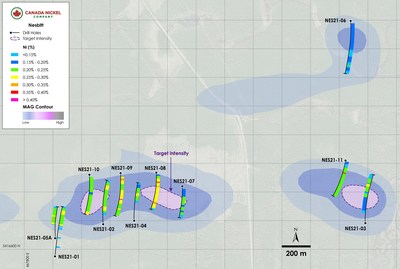 Figure 4 – Plan View of Nesbitt – Drill Results Overlain on Total Field Magnetic Intensity..png (CNW Group/Canada Nickel Company Inc.)