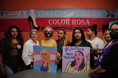 Kerry Kennedy stands with LGBTQ+ activists in front of the offices of Colectivo Unidad Color Rosa, a trans activist organization Vicky Hernndez worked at in San Pedro Sula.