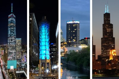 Buildings illuminated turquoise for Turquoise Takeover Week to raise awareness of lung cancer