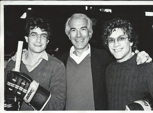 The late Ed Snider, Flyers Chairman, is flanked by his hockey playing sons Craig (right) and Jay (left). Their collective participation and support of amateur hockey in the Delaware Valley since 1967 has led to the Atlantic Amateur Hockey Association and the Snider Family establishing an annual award in Ed Snider's honor. (Photo taken in 1980.)