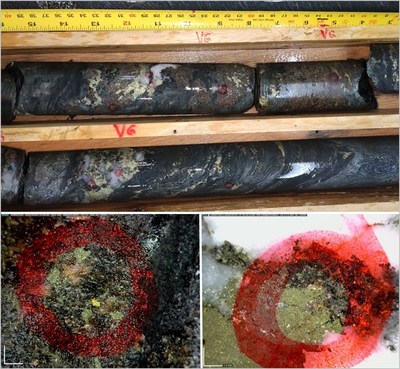 Figure 2: Top: CD-128 Visible gold (circled) within garnet-rich mine sequence host rock. Bottom: left, detail of gold within garnet matrix (red mineral), and right margin of sulphide band, in the interval 70.23m-70.53m. (CNW Group/Meridian Mining UK Societas)