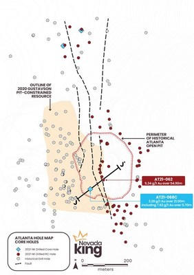 Figure 1. Location of 2021 core holes (blue diamonds) relative to 2021 RC holes (red dots) and historical holes (white dots). Black faults show surface trace of strands comprising the Atlanta Mine Fault zone. (CNW Group/Nevada King Gold Corp.) Figure 1. Location of 2021 core holes (blue diamonds) relative to 2021 RC holes (red dots) and historical holes (white dots). Black faults show surface trace of strands comprising the Atlanta Mine Fault zone. (CNW Group/Nevada King Gold Corp.)