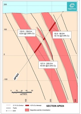 Figure 5. Drill section (looking northeast) showing results from AP024 at the Stellar Zone, Alpine Prospect.  Significant intervals are reported as downhole lengths. (CNW Group/CopperCorp Resources Inc.)