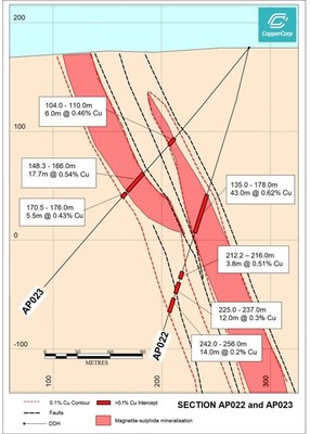 Figure 4. Drill section (looking northeast) showing results from AP022 and AP023 at the Stellar Zone, Alpine Prospect.  Significant intervals are reported as downhole lengths. (CNW Group/CopperCorp Resources Inc.)
