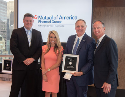 (Second from right) Tim Gabel, President and CEO, RTI International, with (from left) Brian Severin, Senior Executive Vice President and CMO, Mutual of America Financial Group; Lisa Loughry, Chair, President and CEO, Mutual of America Foundation; and John Greed, Chairman, President and CEO, Mutual of America Financial Group. (Second from right) Tim Gabel, President and CEO, RTI International, with (from left) Brian Severin, Senior Executive Vice President and CMO, Mutual of America Financial Group; Lisa Loughry, Chair, President and CEO, Mutual of America Foundation; and John Greed, Chairman, President and CEO, Mutual of America Financial Group.