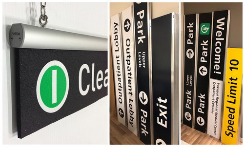 The ParkLine Sign System features a unique anodized aluminum sign rail and rubber panels made of 100% recycled car tires.