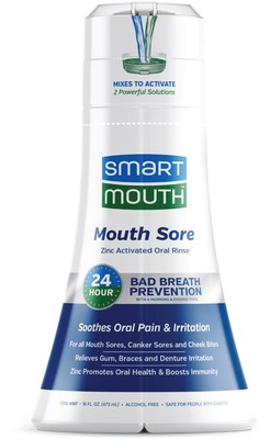SmartMouth Mouth Sore Oral Rinse prevents bad breath for 24 hours with just two rinses a day, and it is formulated to effectively soothe oral pain.