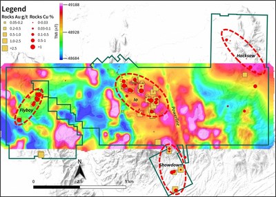 Figure 2 – Map of the Dewdrop project displaying strongly anomalous rock grab sample results overlain on total magnetic intensity geophysical survey results with target areas for 2022 exploration (CNW Group/Zacapa Resources)