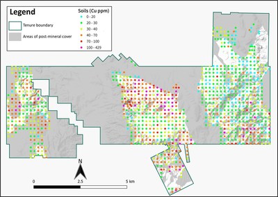 Figure 1 – Map of the Dewdrop project showing anomalous copper in soil sampling results and a depiction of areas of post-mineral cover. (CNW Group/Zacapa Resources)