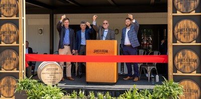 Kentucky Governor Andy Beshear, Beam Suntory President and CEO Albert Baladi, James B. Beam Distilling Co.'s 7th Generation Master Distiller Fred Noe and newly announced Master Distiller of the Fred B. Noe Distillery Freddie Noe (L to R), raise a glass at the James B. Beam Distilling Company celebration in Clermont, KY on May 12, 2022. Photo credit: Beam Suntory.