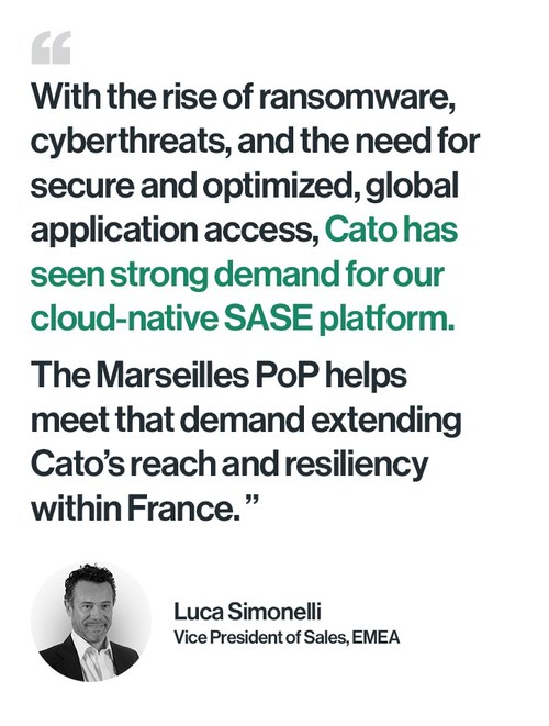 Concerns over cyberthreats and requirements for secure, optimized access are driving demand for Cato SASE Cloud. The Marseilles PoP helps meet that demand extending Cato’s reach and resiliency within France.”  -Luca Simonelli, vice president of EMEA sales, Cato Networks