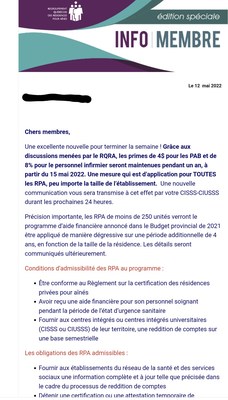 Capture d'écran infolettre RQRA 12 mai 2022 (Groupe CNW/Réseau de coopération des entreprises d'économie sociale en aide à domicile)