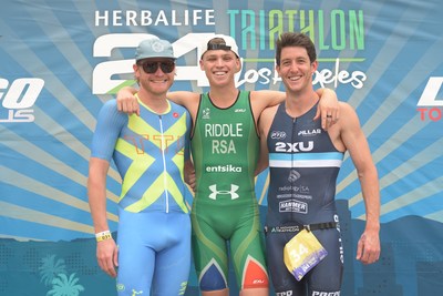 Herbalife Nutrition congratulates this year's Herbalife24 Triathlon Los Angeles elite International distance top three finishers in the men's division. Pictured here, left to right, the men included Eric Lagerstrom in second place, Jamie Riddle in first place and Steven McKenna in third place.