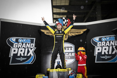 Colton Herta prevailed in constantly changing conditions at the Indianapolis Motor Speedway, winning the GMR Grand Prix NTT INDYCAR SERIES race. (PRNewsfoto/Honda Racing/HPD)