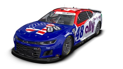 The military-themed paint scheme on the No. 48 Ally Chevrolet Camaro ZL1, driven by Alex Bowman, pays tribute to Army Specialist Matthew E. Baylis, who was killed in action in 2007
