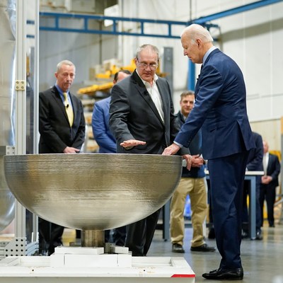 President Biden is introduced to a giant titanium propellant tank 3D printed by Lockheed Martin, using Sciaky's Electron Beam Additive Manufacturing (EBAM) technology, at United Performance Metals in Hamilton, Ohio on May 6, 2022. Photo is copyright of Associated Press.