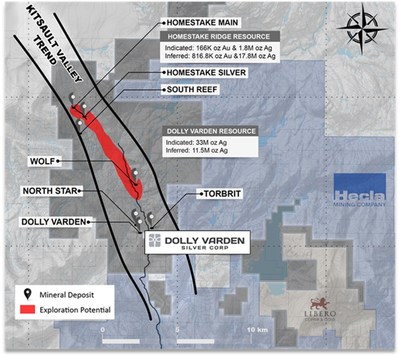Figure 1 recently consolidated Kitsault Valley Project with Exploration potential between known deposits (CNW Group/Dolly Varden Silver Corp.)