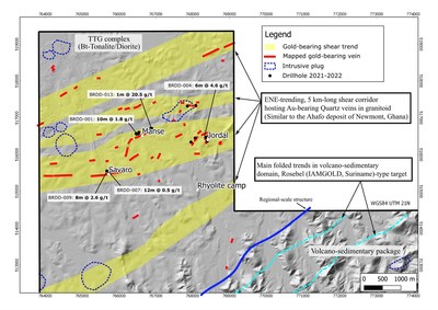 Figure 2: Key drill holes and identified gold mineralized shear zones at the Brothers Project. (CNW Group/Rhyolite Resources Ltd.)