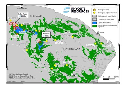 Figure 1: Location map of the Brothers and Suku Passi projects on the Guiana Shield Greenstone Belt. (CNW Group/Rhyolite Resources Ltd.)