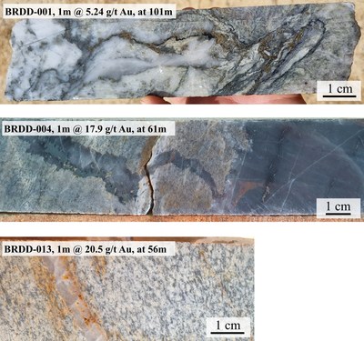 Figure 3: Split section of drill core from holes BRDD-001, -004 and -013. (CNW Group/Rhyolite Resources Ltd.)