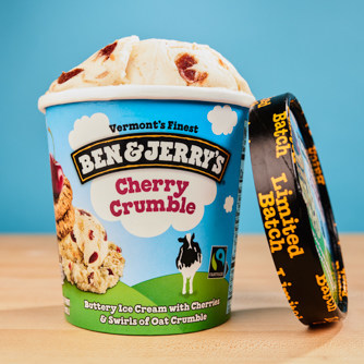 Ben & Jerry's Newest Limited Batch ice cream, Cherry Crumble: Buttery Ice Cream with Cherries and Swirls of Oat Crumble. The flavor is inspired by spring, fresh fruit, crisps and crumbles.