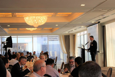 DeltaTek's Business Development Manager, Tyler Reynolds, addresses attendees during the AADE/SPE-GCS joint luncheon on May 5th 2022 at the Petroleum Club of Houston.