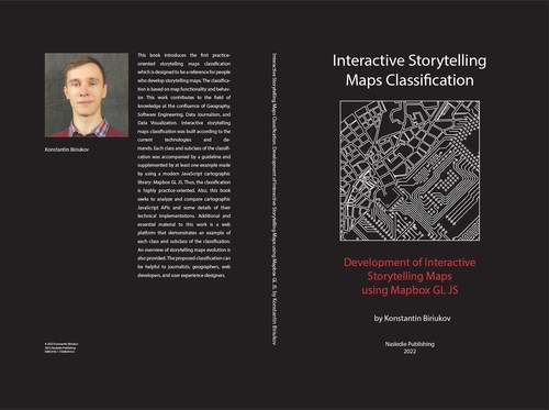 The cover of the Book: "Interactive Storytelling Maps Classification: Development of Interactive Storytelling Maps using Mapbox GL JS" by Konstantin Biriukov.