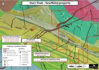 Figure 2: Geological Map of the NewMétal property locating the new massive sulphide horizon, A-A’ longitudinal, with respect to Amex Exploration’s Perron Project (CNW Group/Starr Peak Mining Ltd.)