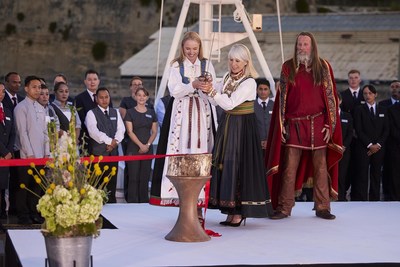 During the naming ceremony of the Viking Mars, Charlotte of Highclere Castle (left) and Karine of Viking (right), use a replica of De Valette's battle sword to cut a ribbon allowing a bottle of Norwegian aquavit to smash on the ship's hull, in keeping with maritime tradition. For more information, visit www.viking.com.