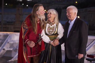 Geir the Viking (left), Viking Executive Vice President Karine Hagen (center) and Viking Chairman Torstein Hagen (right) during the naming ceremony of the Viking Mars in Valletta, Malta. For more information, visit www.viking.com.