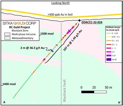 Figure 4: Cross Section of DDRCCC-22-024 (Hole 24) (CNW Group/Sitka Gold Corp.)